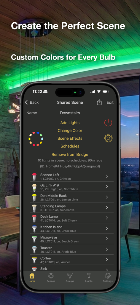 The Hue Lights app showing a detailed scene editor with custom color assignments for multiple smart bulbs in a home setup.