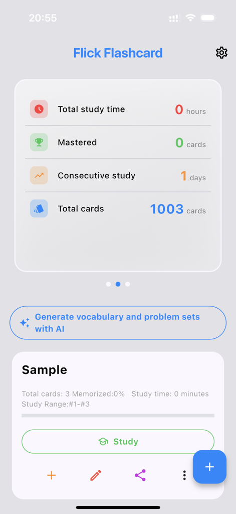 Painel do aplicativo Flick Flashcard mostrando estatísticas de estudo e ferramentas de geração de IA