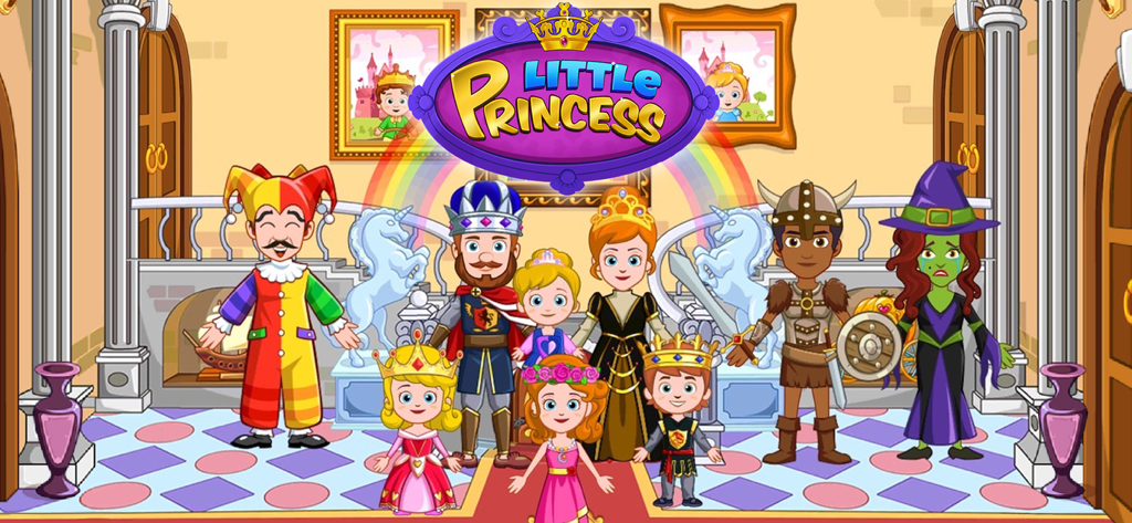 Diversos personagens do aplicativo My Little Princess Castelo juntos em um saguão real com um logotipo e um arco-íris
