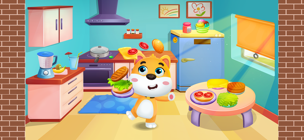 Panda Care: Panda's Life World - A cute cartoon puppy preparing a hamburger in a colorful kitchen with floating food ingredients