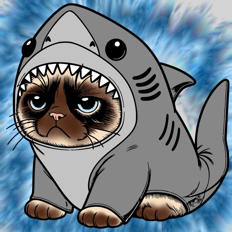 a realistic grumpy cat wearing a cute shark costume