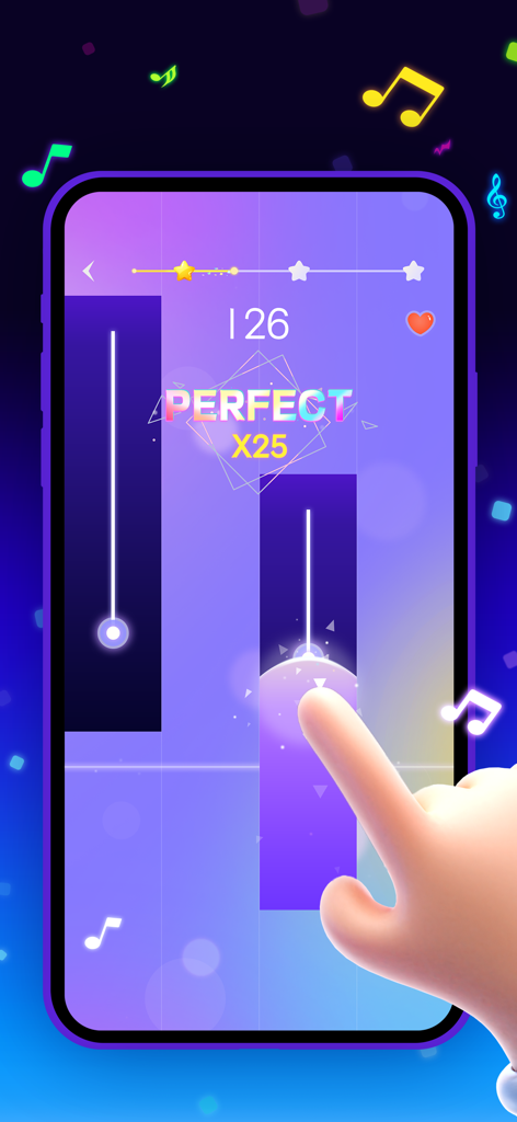Beat Piano Dance:music game - A finger tapping a long purple piano tile in a rhythm game with musical notes and a perfect score indicator