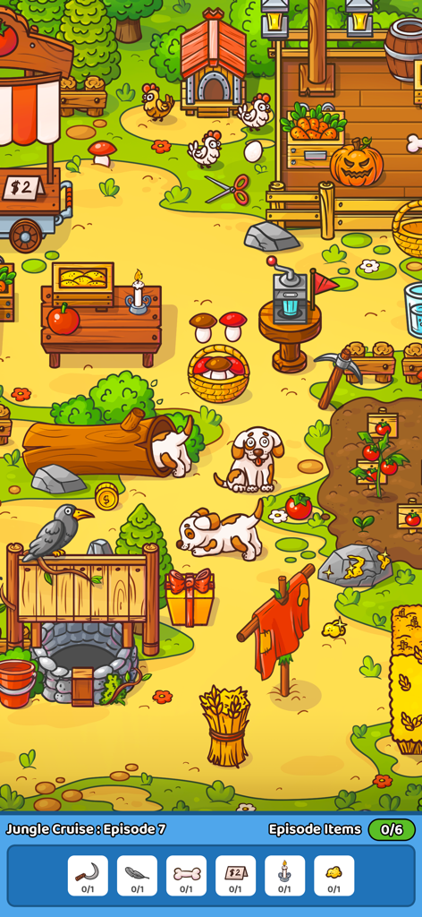 Found It! Hidden Object Game - Un nivel de granja de dibujos animados brillante y colorido en el juego de objetos ocultos ¡Lo Encontré! que muestra perros, pollos y una lista de búsqueda.