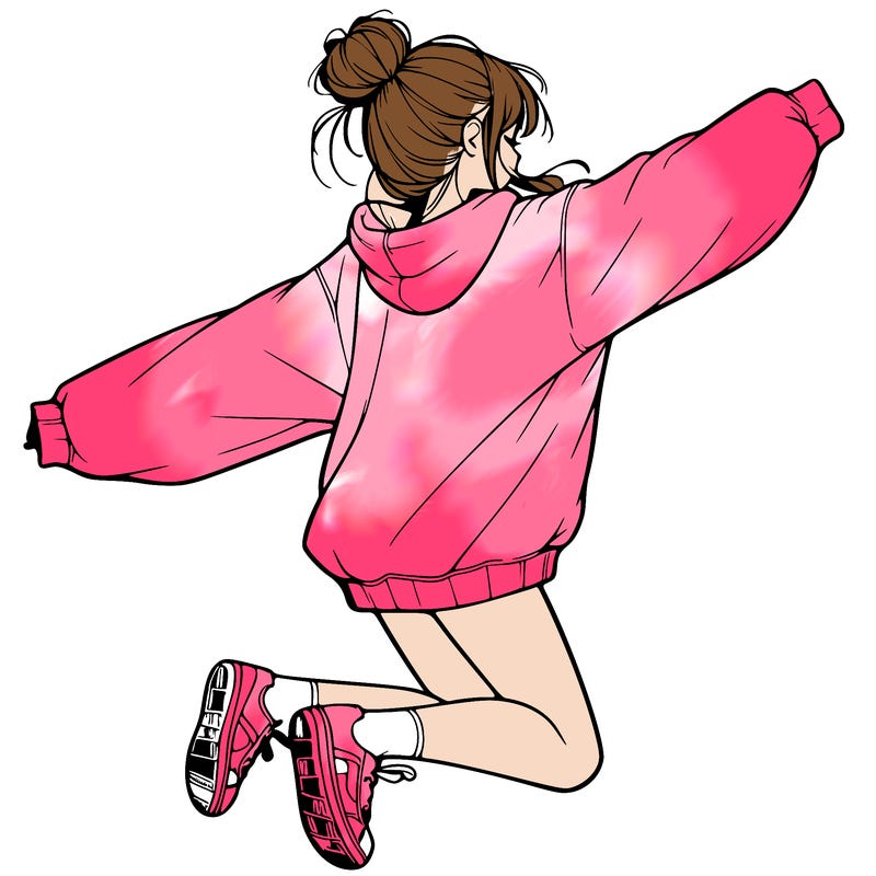 realistic girl jumping with a bun and oversized sweatshirt