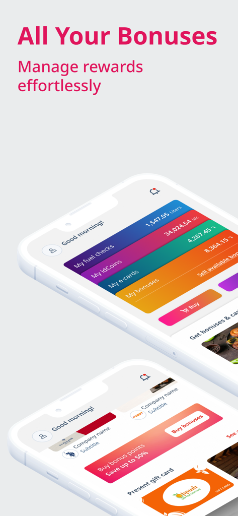 id plus loyalty system - Tela do celular do aplicativo id plus exibindo opções de gerenciamento de bônus para verificações de combustível e idCoins
