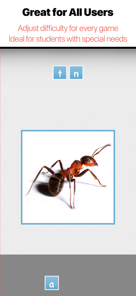Bitsboard Flashcards PRO - Educational spelling game featuring an ant image and letter tiles