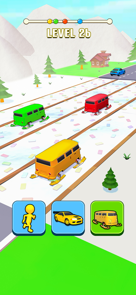 Shape Transform: Shifting Car - Gameplay of Shape Transform showing colorful vans on skis racing on a snowy track with transformation selection buttons