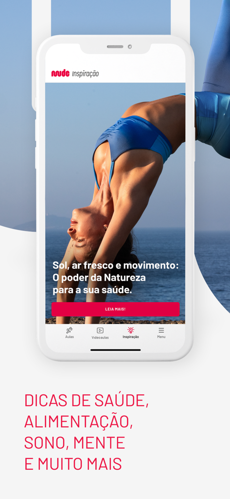 Mude - Fitness e Yoga - Mude app inspiration screen featuring outdoor yoga and wellness tips