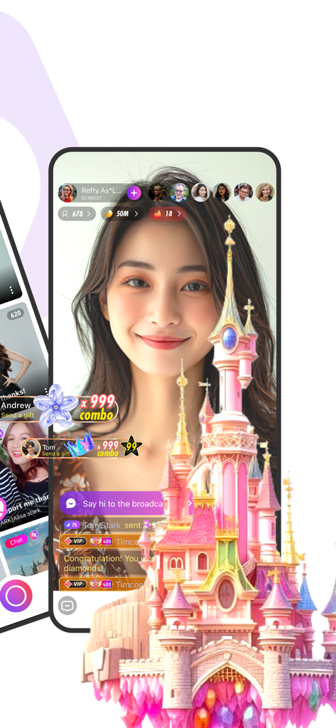 Mango Live 앱 화면, 호스트와 함께 큰 핑크색 성 가상 선물 애니메이션 및 999 선물 콤보 카운터 표시