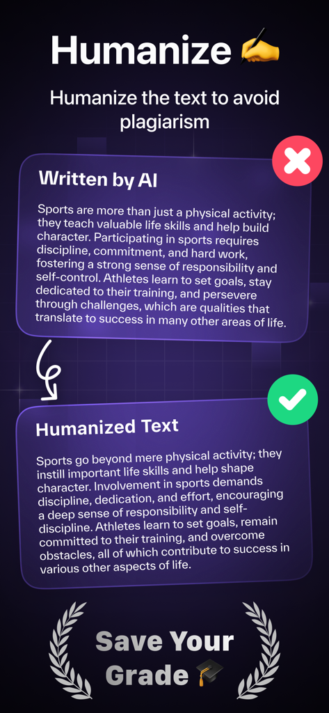 Interfaz de la aplicación AI Detector mostrando la herramienta Humanizador convirtiendo texto generado por IA en contenido similar al humano para evitar el plagio.