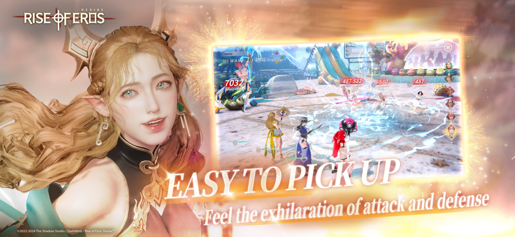 Rise of Eros: Desire - High quality 3D elf character next to a party combat scene with easy to pick up text
