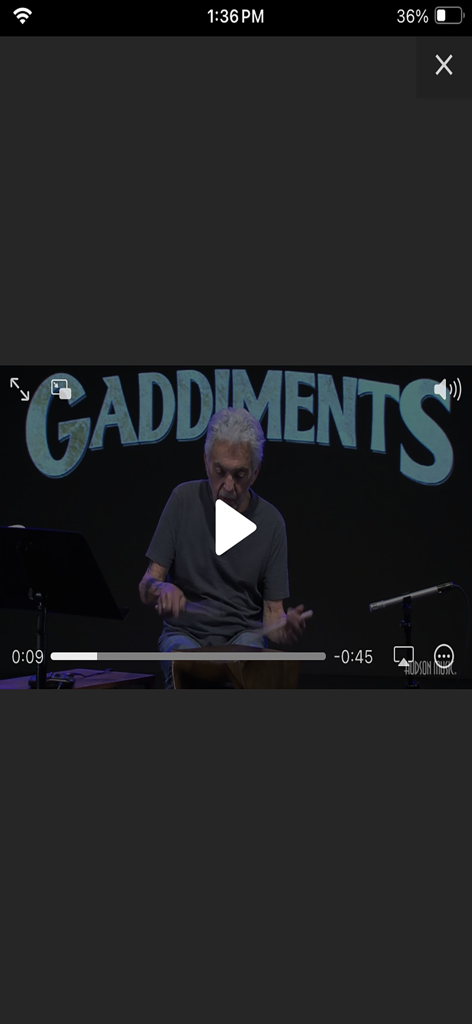 Steve Gadd drum lesson video within the Hudson Music app interface.