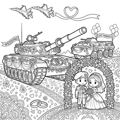 Dive into a uniquely charming coloring experience where military might meets matrimonial bliss. This adorable page features a chibi couple, decorated tanks, and fighter jets celebrating a special wedding.