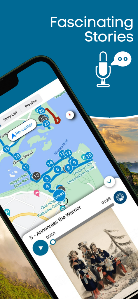 Niagara Falls: USA & Canada - Aplicativo de Niagara Falls mostrando um mapa guiado por GPS com pontos de interesse e um reprodutor de áudio para histórias históricas