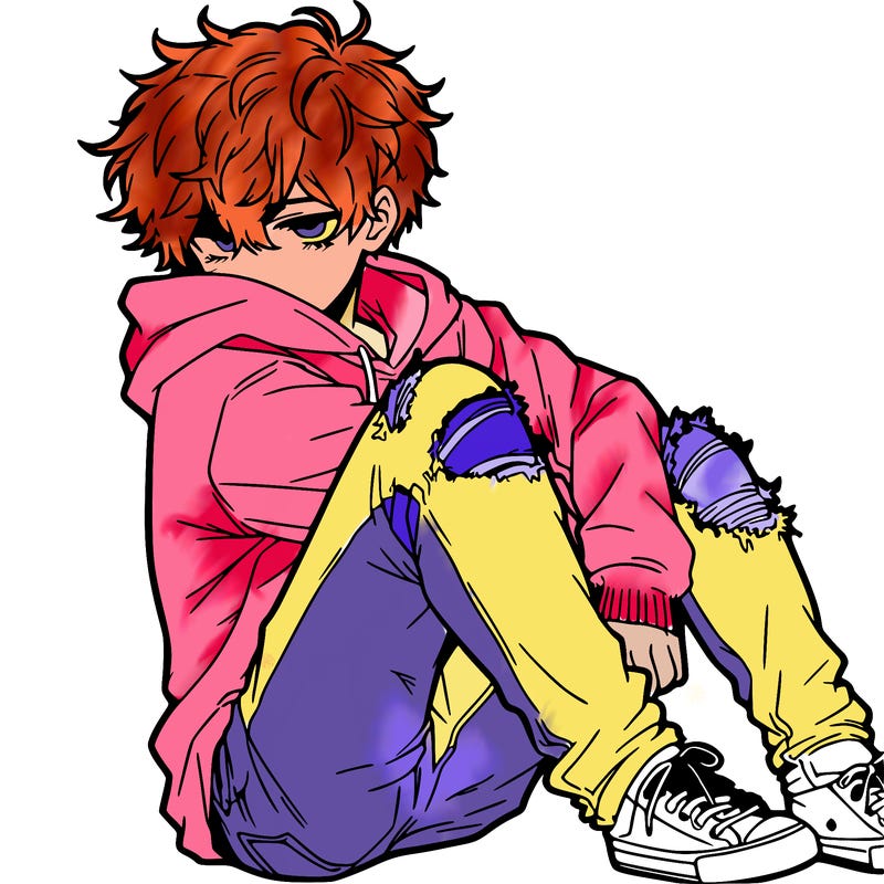a male hoddie ripped jeans messy hair anime