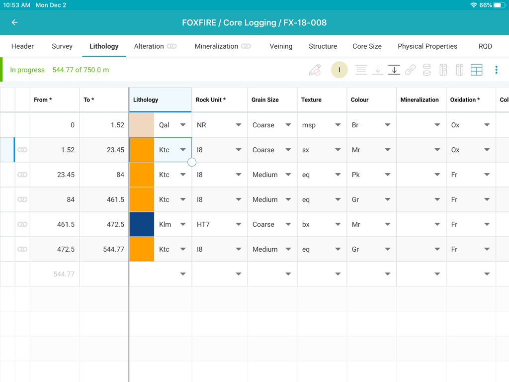 MX Deposit core logging app interface showing a detailed lithology data entry table for a mining project