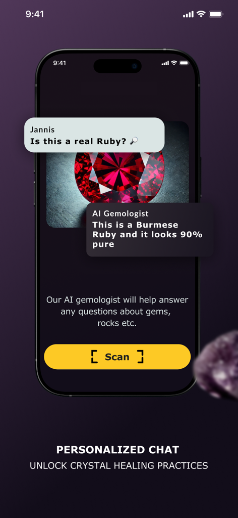 Snap IQ: Rock Identifier - Pantalla del smartphone de la aplicación Snap IQ que muestra un chatbot gemólogo IA identificando una gema de rubí.