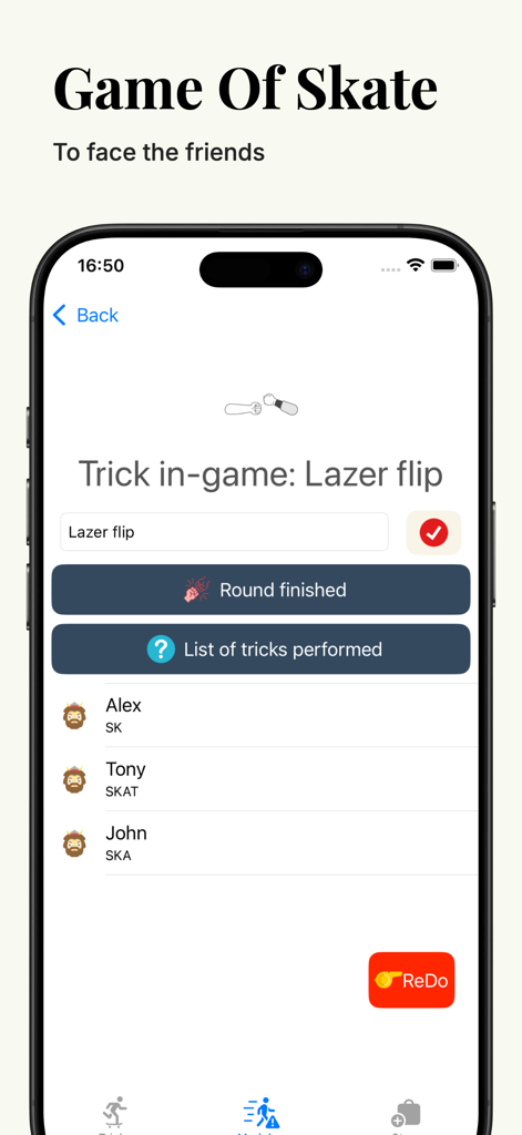 La pantalla de puntaje del modo multijugador Game of Skate de la aplicación Skate Tricks que muestra el progreso del jugador y el seguimiento de trucos