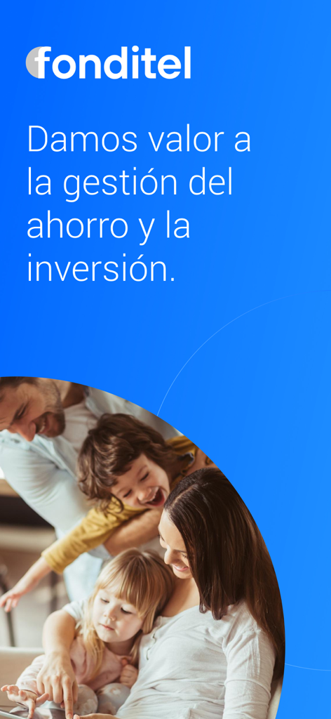 Tela inicial da aplicação Fonditel com uma família e uma mensagem sobre investimentos em espanhol