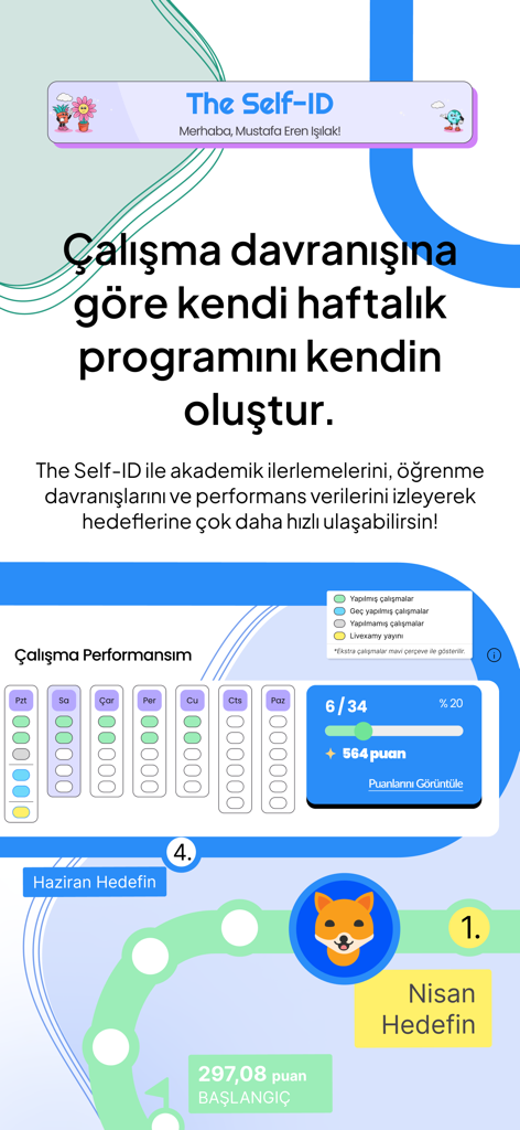 MyExamy - Interface do aplicativo móvel MyExamy mostrando o desempenho de estudo semanal do aluno e o roteiro de progresso acadêmico