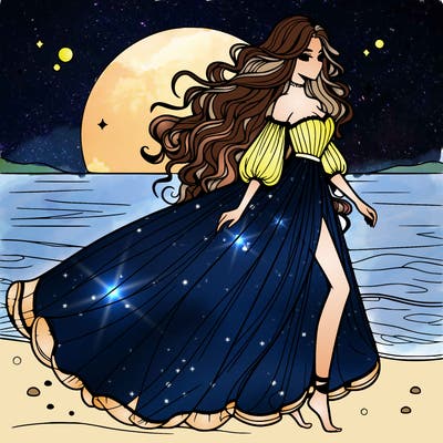 beautiful woman with a vaporous long dress walking on the beach at the noon, detailed art