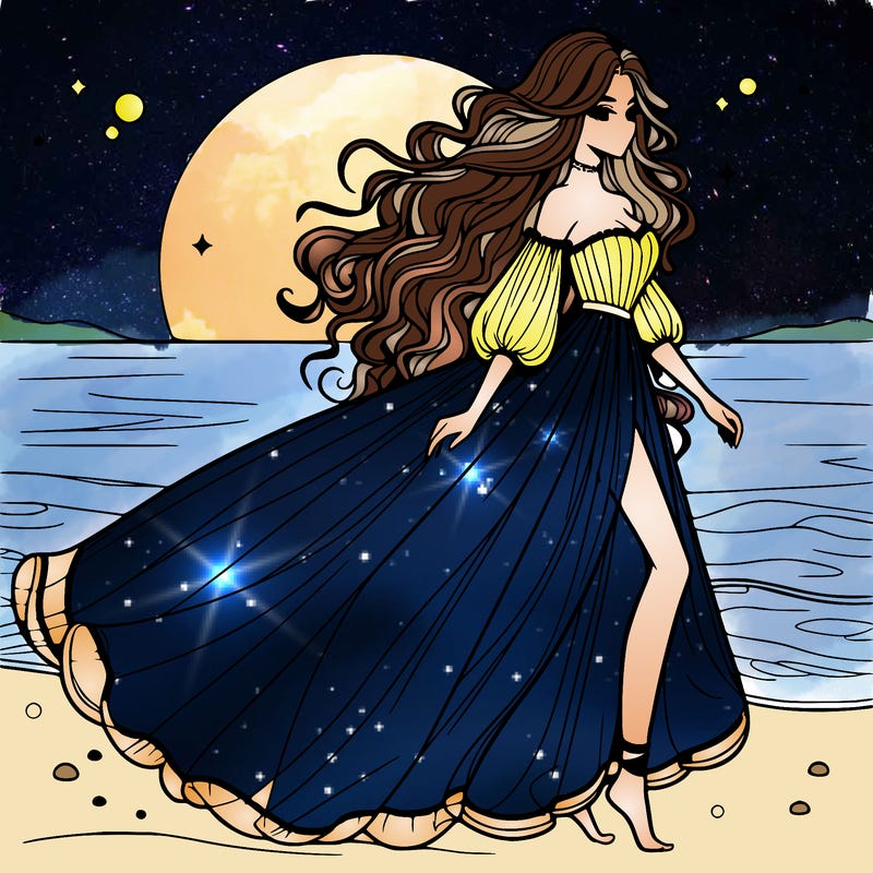 beautiful woman with a vaporous long dress walking on the beach at the noon, detailed art