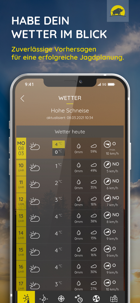 Jagdwetter - Smartphone screen showing an hourly weather and wind direction forecast for hunters in the Jagdwetter app.