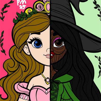 detailed realistic split of a princess and a witch