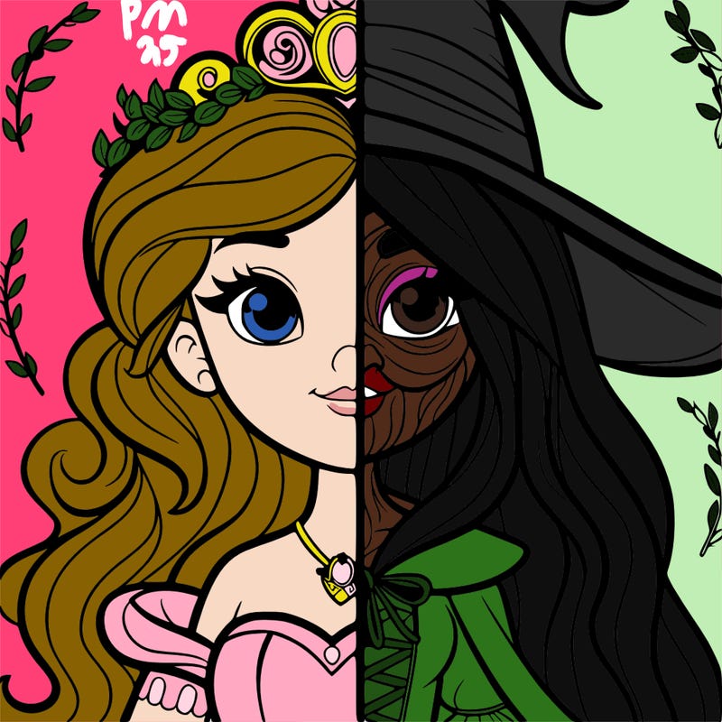 detailed realistic split of a princess and a witch