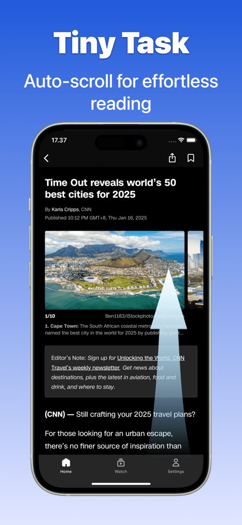 OP Auto Clicker: Automatic Tap - OP Auto Clicker-Oberfläche, die die Auto-Scroll-Funktion für müheloses Lesen eines mobilen Nachrichtenartikels zeigt