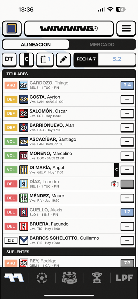 Winning Argentina - A mobile screenshot of the Winning Argentina app displaying a fantasy soccer team lineup and player statistics.