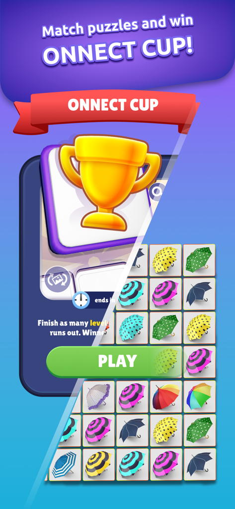 Onnect – Pair Matching Puzzle - Onnect Pair Matching Puzzle screen showing the Onnect Cup trophy and a grid of umbrella tiles