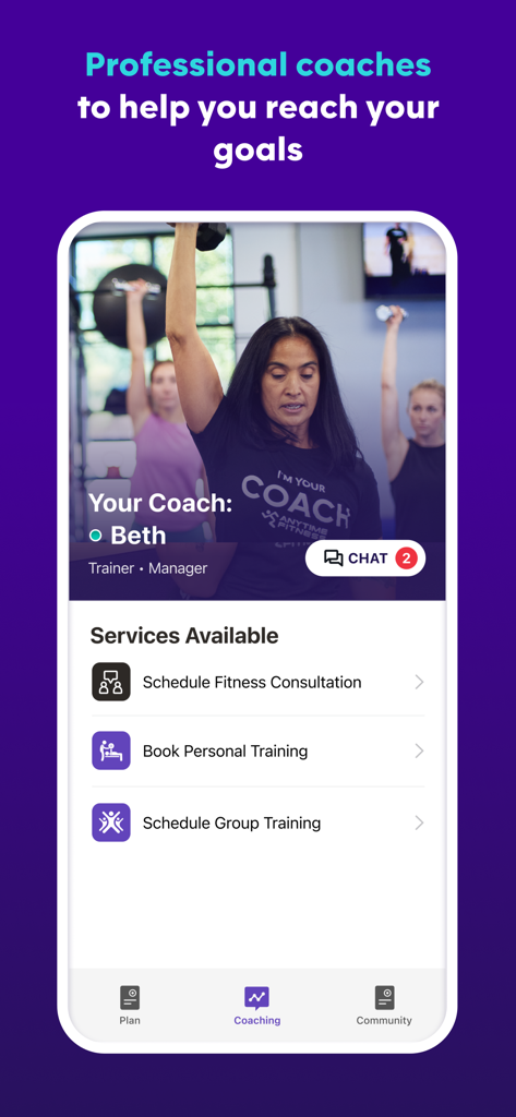 AF App - Anytime Fitness App-Bildschirm für professionelle Coaching-Dienste und Trainer-Chat