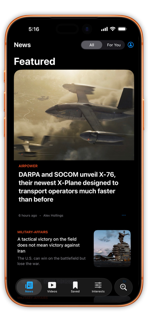 Sandboxx News - The Sandboxx News app interface showing featured military headlines about defense technology and global security