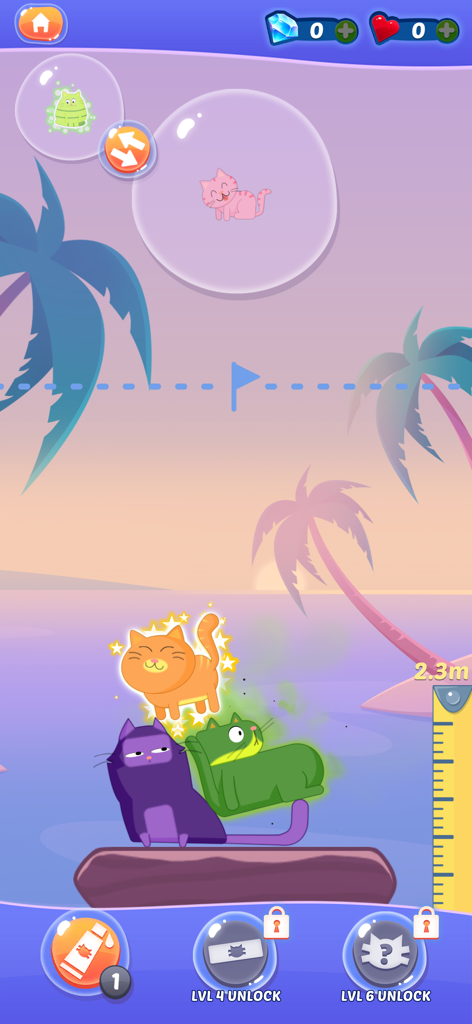 Cat Stack - Gameplay screenshot of Cat Stack showing colorful cartoon cats stacked on a beach platform