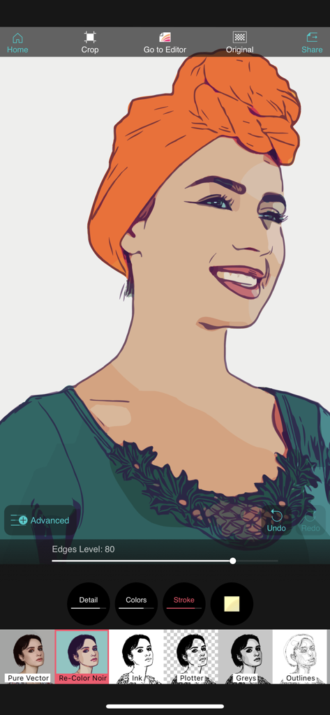 Vector Q by Imaengine - A woman's portrait being edited in Vector Q app using the Re-Color Noir vector filter