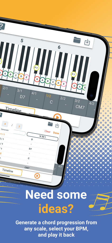 Interface do aplicativo Pianolytics para gerar e reproduzir progressões de acordes personalizadas em um teclado de piano
