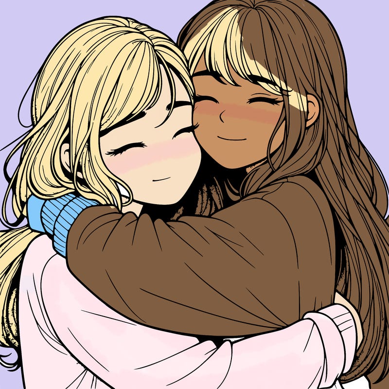 realistic two girls hugging