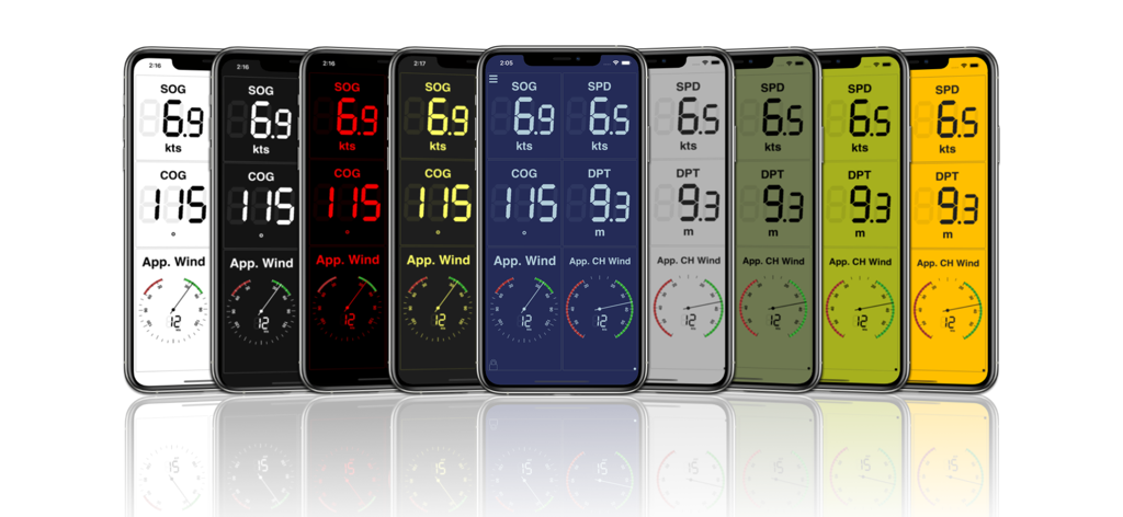 NMEAremote LITE - A row of iPhones displaying the NMEAremote LITE app with various color themes and marine navigation data dashboards