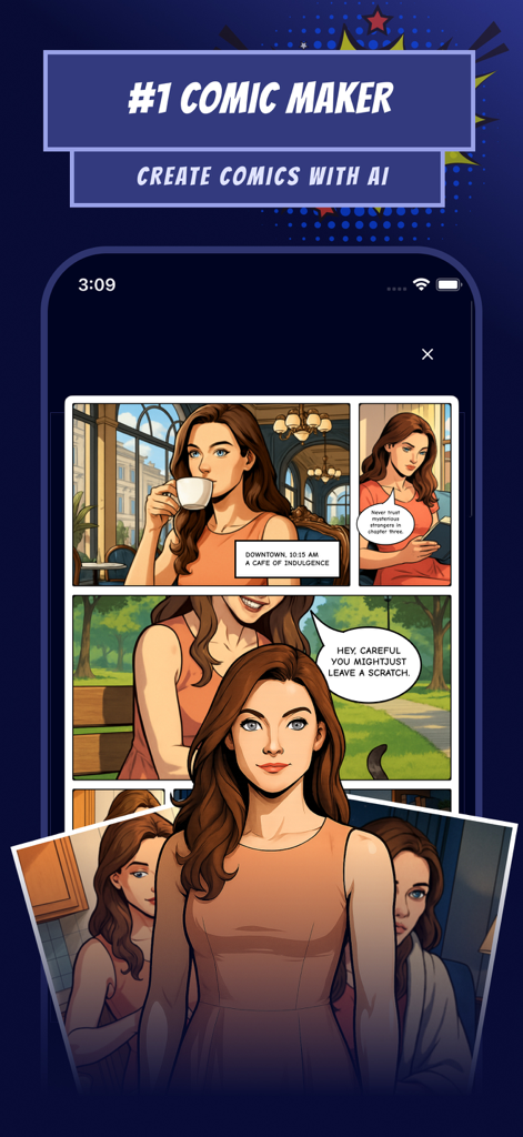Interface of the Arcstory app showing a comic book page created with AI featuring multiple panels and characters