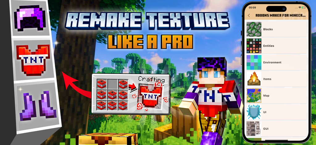 Addons Maker for Minecraft - Interface of the Addons Maker for Minecraft app showing options to remake textures for blocks and items