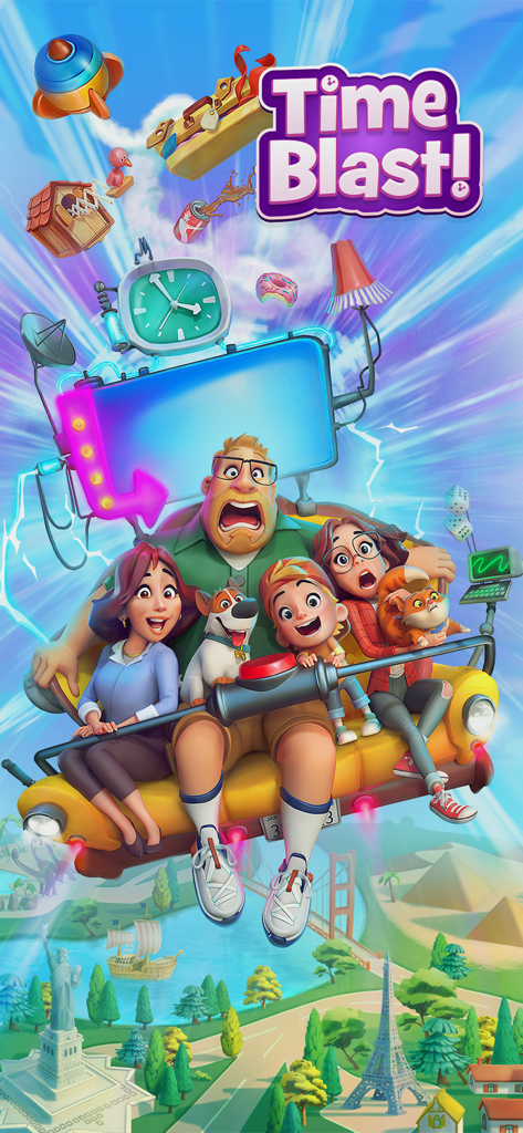 Time Blast: Puzzle Game - The Timesmith family on a flying time machine journey through history in Time Blast puzzle game