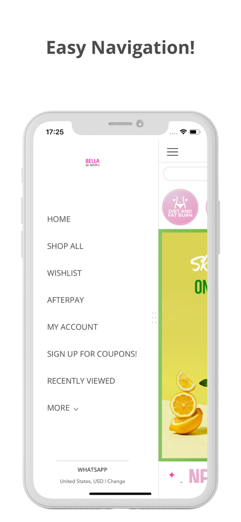 Bella All Natural - Bella All Natural mobile app easy navigation side menu on an iPhone showing shopping and account options