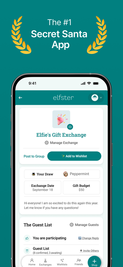 Screenshot dell'interfaccia dell'app mobile Elfster che mostra la configurazione di un evento di scambio di regali Secret Santa con un budget di regali e il risultato dell'estrazione.