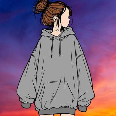 realistic girl with a oversized sweatshirt on and a bun
