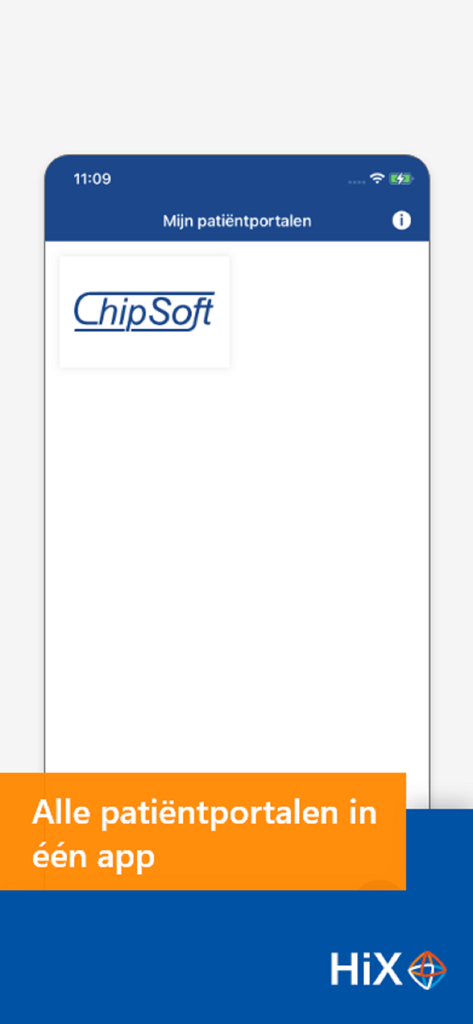 HiX Patiënt - HiX Patient app interface showing the portal selection screen with ChipSoft branding