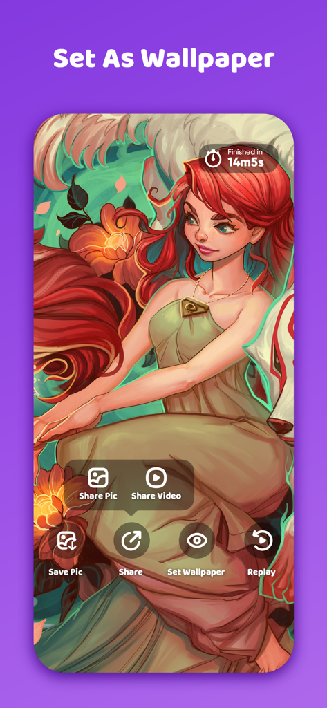 Oberfläche der Color Time App, die ein fertiges digitales Gemälde einer Frau mit Optionen zur Einstellung als Hintergrundbild oder zum Teilen zeigt.