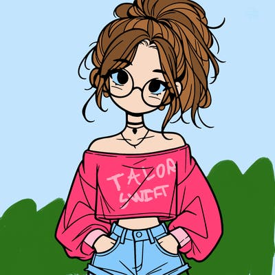 girl with a messy ponytail glasses a baggy crop top and jean shorts