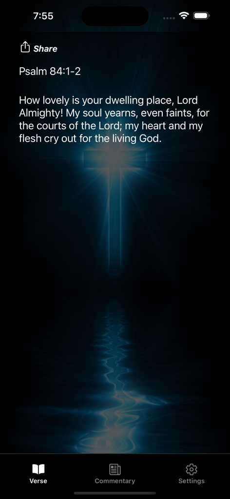 Verse-A-Day Daily Bible Verses - Versículo bíblico diario Salmo 84 mostrado sobre un fondo de cruz brillante en la aplicación Verse-A-Day