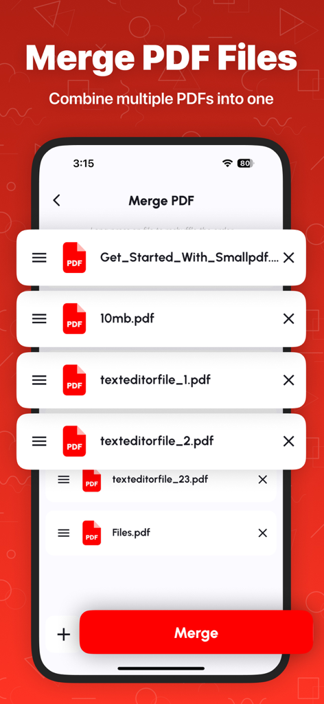 PDFドキュメントのリストとそれらを結合するための赤い結合ボタンが表示されたiPhoneアプリ画面